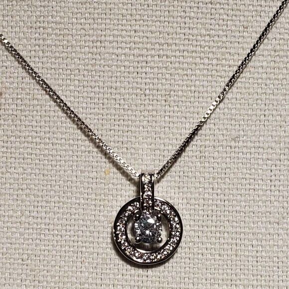 Sterling Silver Solitaire and Halo Pendant Necklace - Picture 6 of 7